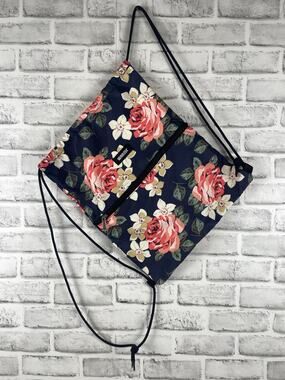 WANDF Drawstring Backpack Floral Cinch Sack Bag Gym Sports Travel Navy Rose Pink
